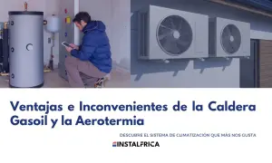 Hombre revisa tablet junto a caldera de gasoil. A la derecha, unidades exteriores de aerotermia. Considera cambiar caldera de gasoil.