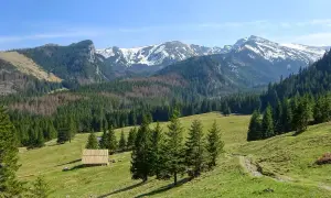 Piękne Tatry Zachodnie, idealne na wycieczkę z Zakopanego. Widać ośnieżone szczyty, lasy i polanę z bacówką.