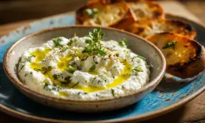 Brandade de morue crémeuse, arrosée d'huile d'olive et garnie d'herbes fraîches, servie avec des croûtons grillés.