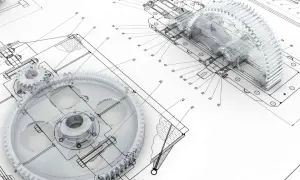 Przezroczyste koła zębate i mechanizmy na tle rysunków technicznych, ilustrujące innowacyjne wzory użytkowe.