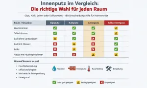 Vergleichstabelle für Innenputz-Arten: Gips-, Kalk-, Lehm- und Kalkzementputz für Wohnzimmer, Bad, Keller. Zeigt Eignung basierend auf Feuchte, Untergrund etc.