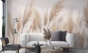 Nowoczesny salon z białą sofą i fototapetą z motywem traw pampasowych. Tanie fototapety na wymiar odmienią Twoje wnętrze.