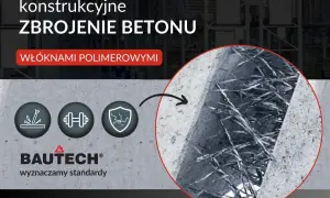 Beton zbrojony włóknami polimerowymi. Zbliżenie pokazuje strukturę zbrojenia rozproszonego w betonie, zapewniającego wytrzymałość i odporność.