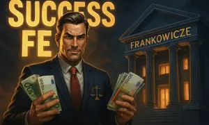 Prawnik z pieniędzmi w ręku, budynek "FRANKOWICZE" i napis "SUCCESS". Ile procent bierze prawnik od wygranej sprawy?