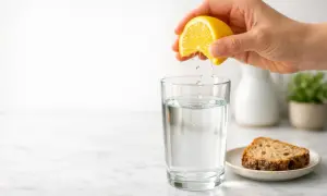 Gocce di limone cadono in un bicchiere d'acqua. Alcuni credono che acqua e limone faccia male al fegato, ma è un mito.