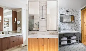 Modern double vanity bathroom ideas featuring wood, fluted cabinets, and a rustic animal-print wallpaper.