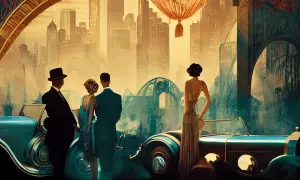 Elegancka para i samotna kobieta podziwiają panoramę miasta w stylu art deco. Malarze tego okresu uchwycili tę atmosferę.