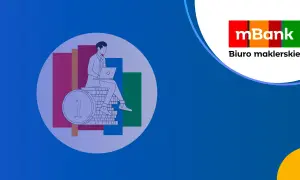 Ilustracja mężczyzny z laptopem siedzącego na stosie monet, obok wykresów. Logo mBank Biuro maklerskie.