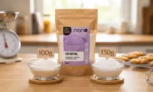 Porównanie: 100g cukru vs 130g erytrytolu. Zdrowy zamiennik cukru w proszku, idealny do wypieków.