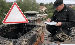 Kominiarz notuje na dachu, obok brudnego komina i pustego trójkąta ostrzegawczego. Brak przeglądu kominiarskiego art.