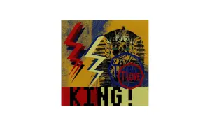 Stylizowany wizerunek faraona z błyskawicami i napisem KING! T LOVE.