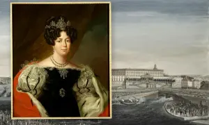 Porträtt av Louise Mountbatten, drottning av Sverige, med en storslagen utsikt över en stad vid en flod.