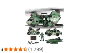 Zestaw zabawek wojskowych: helikopter, jeep, motocykl, łódź, żołnierze i broń.