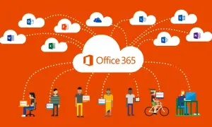 Dostęp do Office 365 online za darmo. Chmura z ikonami aplikacji (Word, Excel, Outlook, PowerPoint) połączona z ludźmi pracującymi na różnych urządzeniach.