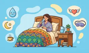 Mujer en cama bebe agua, rodeada de iconos de luna, gota, corazón alado, antifaz y taza de café. Consejos para la **cuarentena embarazo**.