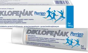 Opakowanie i tubka żelu przeciwbólowego Diklofenak Perrigo z grafiką biegaczy.