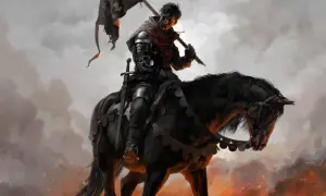 Rycerz na czarnym koniu, z flagą w dłoni, w zbroi. W tle płomienie i dym. To może być scena z Kingdom Come Deliverance, gdzie najlepsza broń jest kluczem do zwycięstwa.