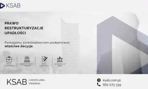 Grafika z ikonami usług prawnych: prawo gospodarcze, restrukturyzacje, umowy, reprezentacja.