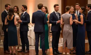 Eleganckie stroje na bankiet: mężczyźni w garniturach, kobiety w sukniach. Idealny przykład, jak się ubrać na bankiet.
