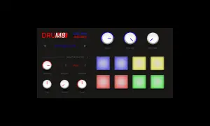 DRUM8 interface, a free percussion VST, features sample editing, volume, pan, attack, tune controls, and colorful pads for creating beats.