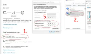 Konfiguracja sieci Wi-Fi, gdzie połączono bez internetu, z widocznymi ustawieniami protokołu TCP/IPv4 i serwerów DNS.