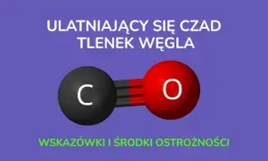 Ulatniający się czad tlenek węgla. Molekuła CO, czarna kula z literą C i czerwona z literą O, połączone potrójnym wiązaniem. Wskazówki i środki ostrożności.