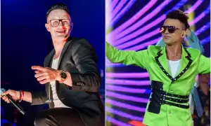 Gwiazdy disco polo z wschodniej Polski: Zenek Martyniuk w czarnym garniturze i w zielonej stylizacji na scenie.