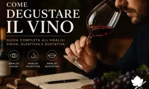 Uomo annusa vino rosso in un bicchiere, guida alla degustazione visiva, olfattiva e gustativa. Scopri le caratteristiche vino.