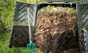 Kompostownik z plastiku, pełen resztek organicznych, obok widły. Idealne miejsce, by dowiedzieć się, z czego zrobić kompostownik.