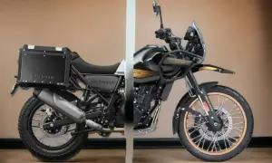 Dwóch połówek motocykla Royal Enfield Himalayan, z czarną kufrem z tyłu i osłoną silnika z przodu, gotowych na przygodę.