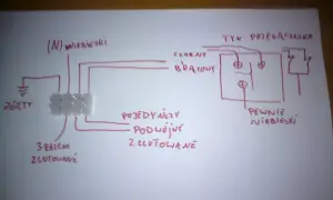 Schemat podłączenia żyrandola: 3 kable z sufitu (żółty, niebieski, brązowy) łączą się z przekaźnikiem.