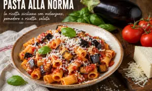 Un plat de pâtes à la norma, garni de morceaux d'aubergine frite, de sauce tomate et de ricotta salata râpée, avec des ingrédients frais en arrière-plan.