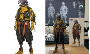 Kreator postaci do książki: figurka i grafika cybernetycznego bohatera w żółtej kurtce, obok ekranu z modelem 3D.