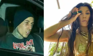 Travis Barker i jego żona Kourtney Kardashian, ona trzyma kosmetyk.