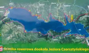 Mapa z zaznaczoną trasą rowerową dookoła Jeziora Czorsztyńskiego. Widoczne miejscowości: Frydman, Niedzica Zamek, Czorsztyn.