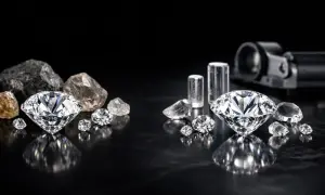Błyszczące diamenty laboratoryjne obok surowych kamieni i narzędzi.
