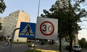 Znak D43 (przejście dla pieszych) i znak ograniczenia prędkości do 30 km/h na tle bloków mieszkalnych i drzew.