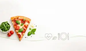 Kawałek pizzy z dodatkami i ikonki symbolizujące zdrowie i dietę. Czy pizza jest zdrowa? Zależy od składników!