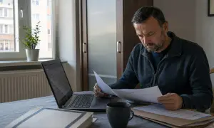 Mężczyzna analizuje dokumenty, szukając informacji, jak sprawdzić czy nastąpiło zatarcie skazania. Na biurku laptop, kubek i segregatory.
