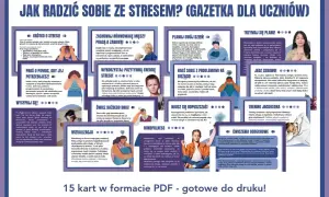 Zestaw 15 kart PDF o tym, jak radzić sobie ze stresem, zawiera porady dotyczące self-care, takie jak wysypianie się, ćwiczenia i mindfulness.
