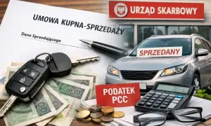 Umowa kupna-sprzedaży auta, kluczyki, pieniądze i kalkulator. Na pierwszym planie czerwona tabliczka "Podatek PCC", a w tle Urząd Skarbowy i samochód z napisem "Sprzedany".