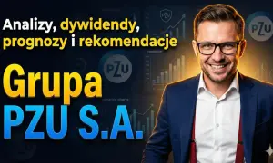Uśmiechnięty mężczyzna w garniturze na tle wykresów i logo PZU. Analizy, dywidendy, prognozy i rekomendacje dla Grupy PZU S.A.