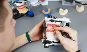 Technik dentystyczny pracuje nad modelem szczęki, wykonując ćwiczenia na przodozgryz.