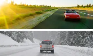 Czerwony kabriolet na słonecznej drodze i SUV w śnieżnej zamieci. Pamiętaj o zmianie opon przed 1 listopada w Polsce!
