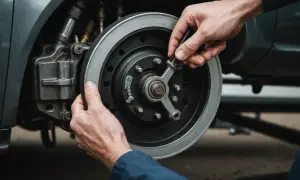 Mains effectuant une purge liquide de frein sur un disque de frein de voiture.