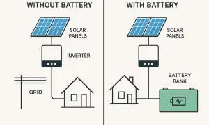 Diagrama comparativo de sistemas de energía solar: sin baterías conectadas a la red eléctrica, y con baterías para almacenamiento.
