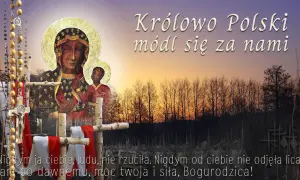Ikona Matki Boskiej z Dzieciątkiem, różaniec, krzyże i cytat "Królowo Polski, módl się za nami". Obraz nawiązuje do przypadków wskrzeszenia w Polsce.