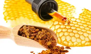 Łyżka z propolisem, kroplomierz z nalewką i plastry miodu. Dowiedz się, propolis co to jest i jakie ma właściwości.