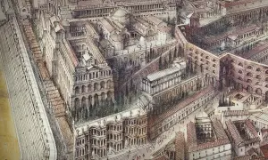 Detaljerad illustration av antika Rom, med imponerande byggnader och folkliv. Här finns fakta om Rom.