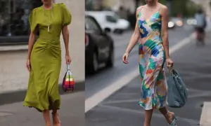 Kobiety prezentują inspiracje: jakie buty do letniej sukienki? Jedna w oliwkowej, druga w kwiecistej.